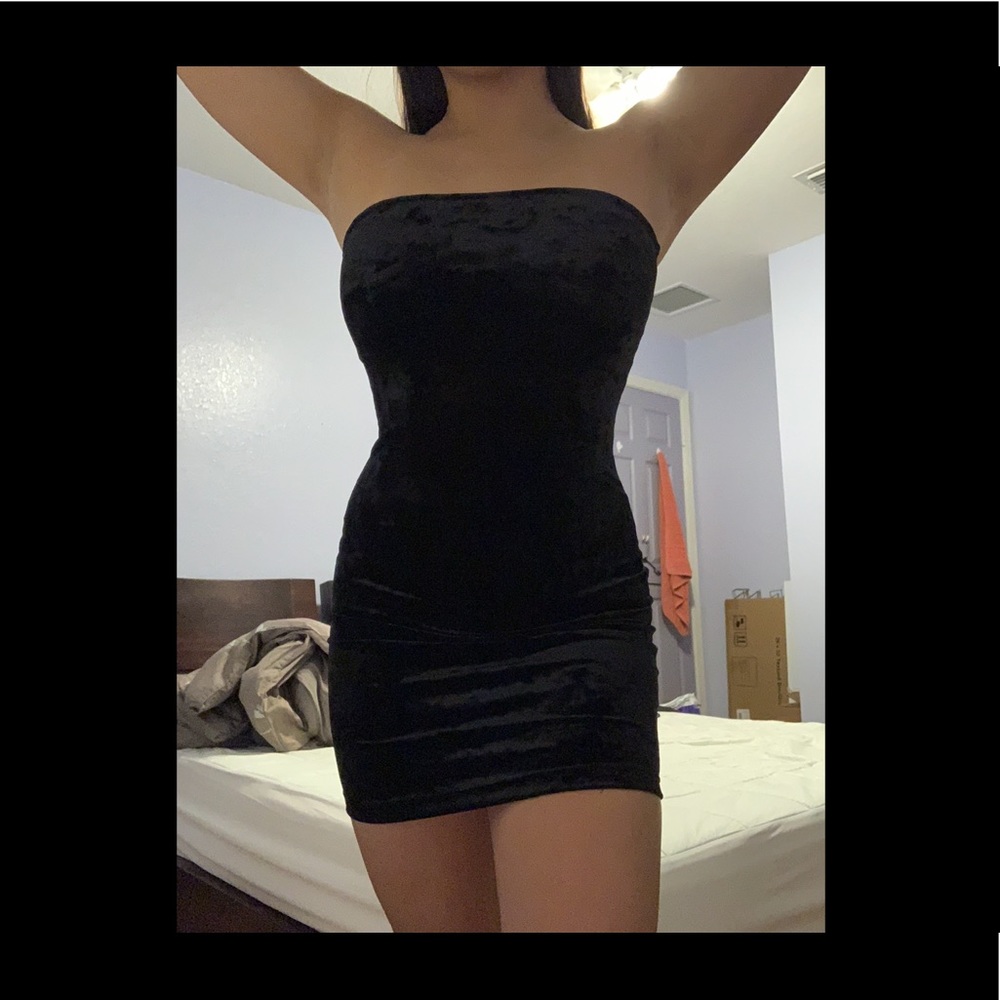 Garage Black velvet strapless dress
